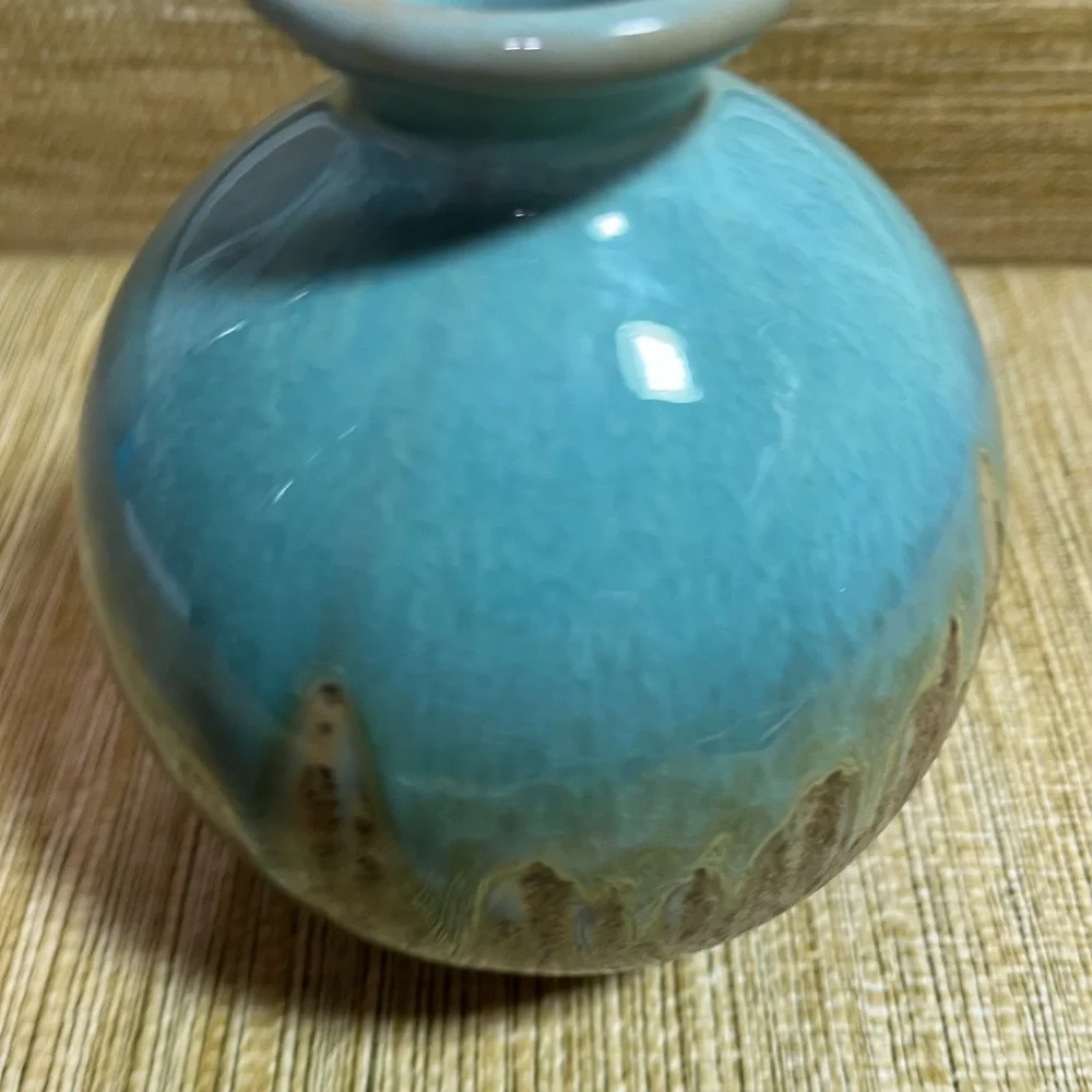 Art Pottery Elegant Turquoise and Brown Drip Crystalline Glaze Vase 5.5”